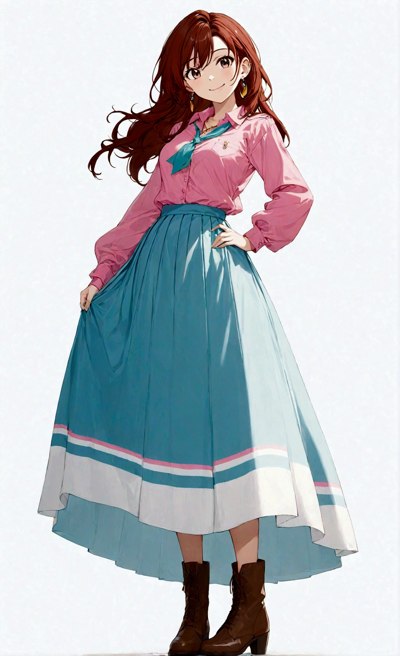 1girl, solo, long hair, breasts, looking at viewer, smile, skirt, simple background, brown hair, shirt, long sleeves, white background, jewelry, standing, full body, earrings, boots, blue skirt, brown footwear, arms behind back, pink shirt, long skirt
