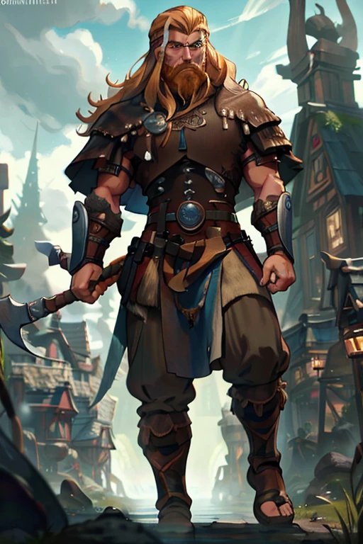 Un hombre musculoso de cabello rubio y ojos azules, con el pelo largo y una barba oscura, vestido con atuendo vikingo, camina alrededor de un castillo vikingo.