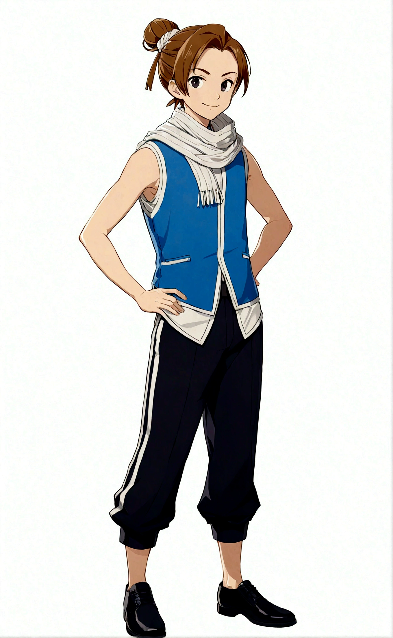 solo, looking at viewer, smile, simple background, brown hair, 1boy, white background, standing, full body, male focus, sleeveless, pants, hair bun, scarf, black footwear, black eyes, hand on hip, single hair bun