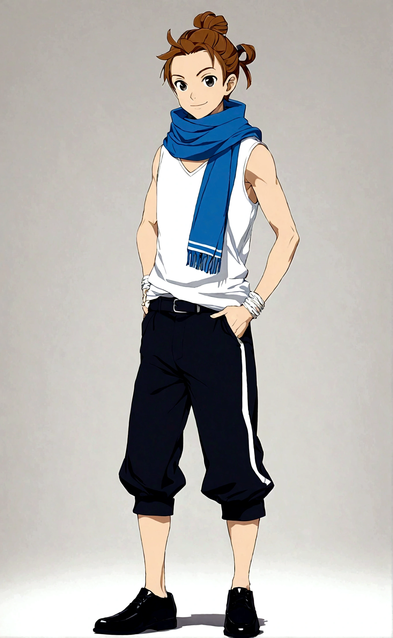 solo, looking at viewer, smile, simple background, brown hair, 1boy, white background, standing, full body, male focus, sleeveless, pants, hair bun, scarf, black footwear, black eyes, hand on hip, single hair bun