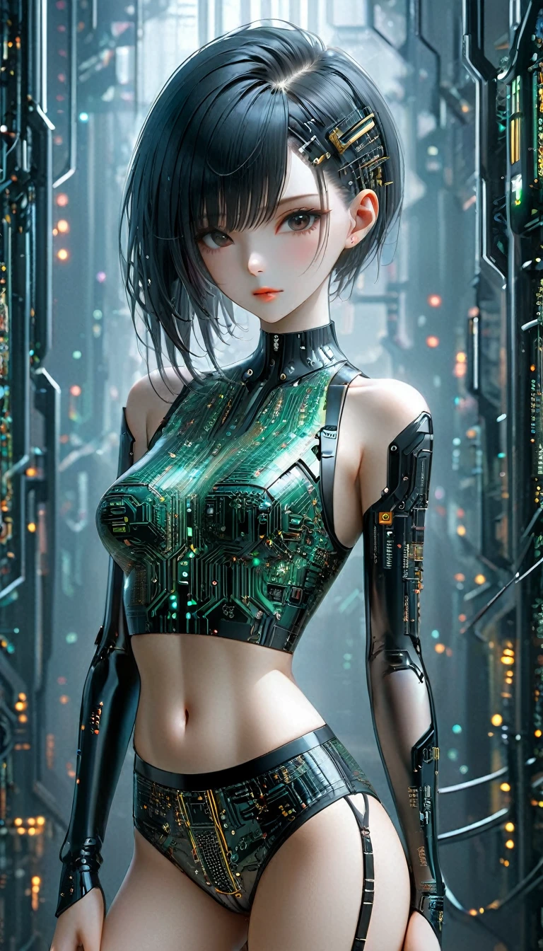 beautiful cyberpunk girl wearing a Futuristic hairpin, (Delicate skin), Pale skin, in a deep neckline, highly detailed sexy Futuristic cyberpunk underpants , black crop top made of circuit boards, Cybernetics, Japanese words with glitter effect, Beautiful epic work, Futuristic, masterpiece, Sensual, is attractive, group photo