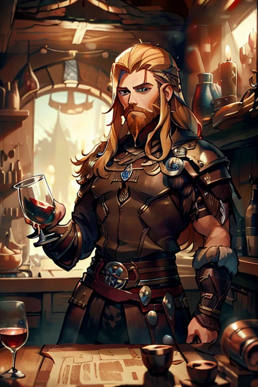 A muscular blond haired man with blue eyes with long hair and a dark beard in a Viking outfit is drinking wine in a banquet in a Viking's castle
