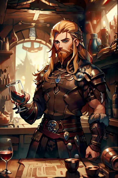 A muscular blond haired man with blue eyes with long hair and a dark beard in a Viking outfit is drinking wine in a banquet in a...