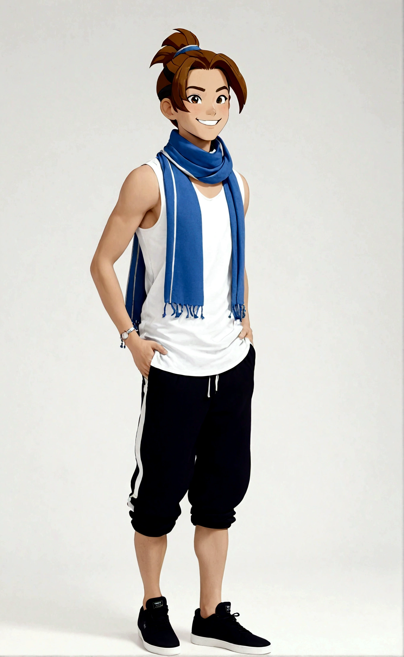 solo, looking at viewer, smile, simple background, brown hair, 1boy, white background, standing, full body, male focus, sleeveless, pants, hair bun, scarf, black footwear, black eyes, hand on hip, single hair bun