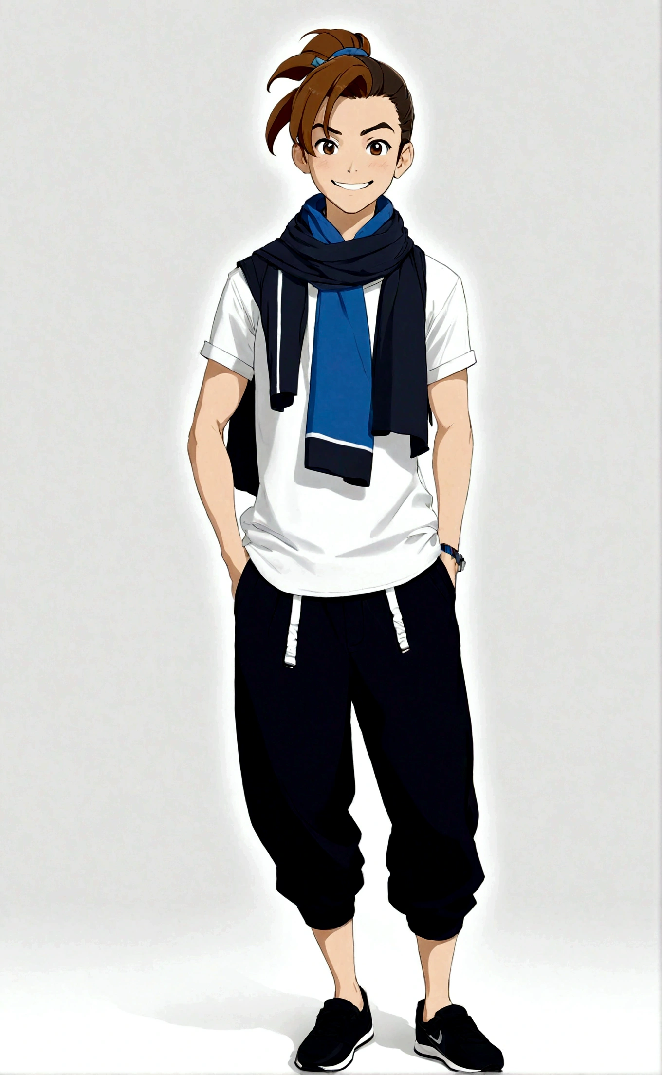 solo, looking at viewer, smile, simple background, brown hair, 1boy, white background, standing, full body, male focus, sleeveless, pants, hair bun, scarf, black footwear, black eyes, hand on hip, single hair bun