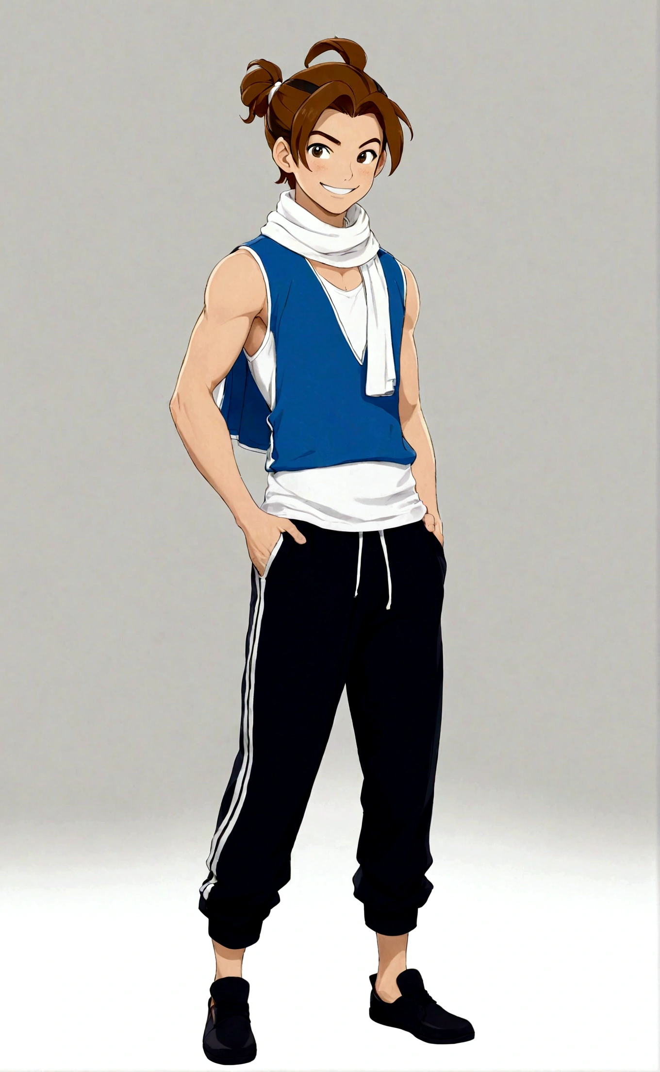 solo, looking at viewer, smile, simple background, brown hair, 1boy, white background, standing, full body, male focus, sleeveless, pants, hair bun, scarf, black footwear, black eyes, hand on hip, single hair bun