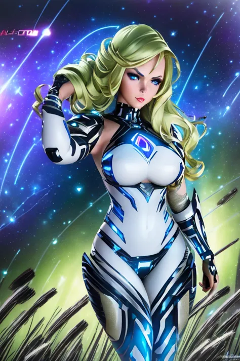 A lovely woman in skin tight cyber armor, posing with high tech weapons, star light gleaming, action poses, advanced futuristic ...