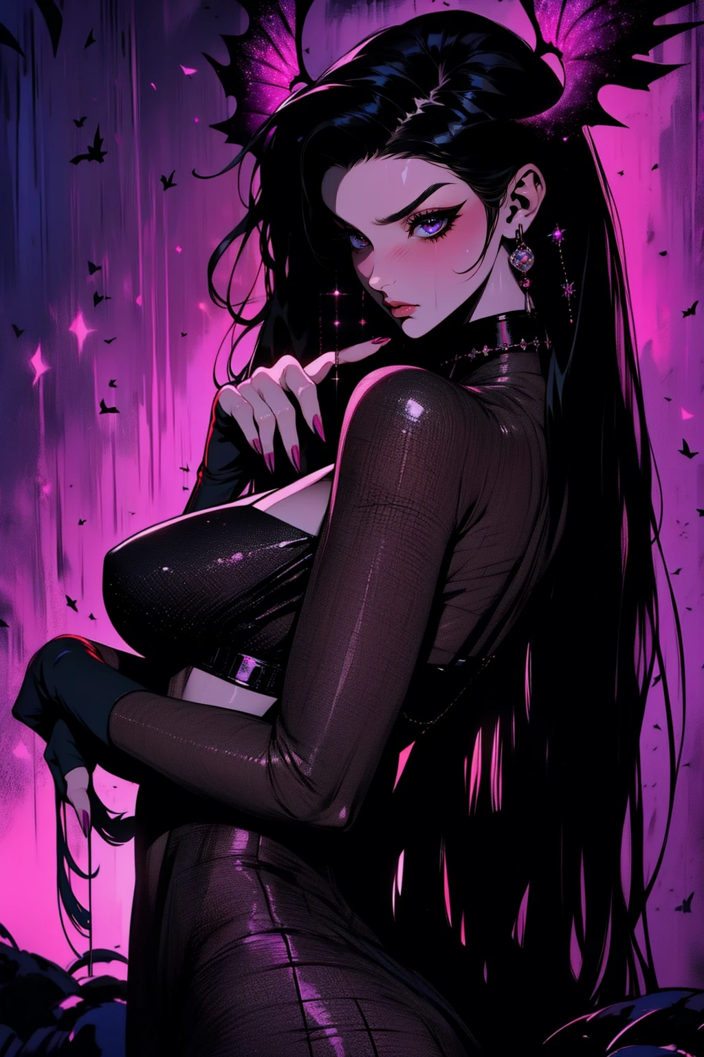 {-erro_de_anatomia:1.0} (best quality,4k,8k,highres,masterpiece:1.2) (masterpiece, top quality, best quality, official art, beautiful and aesthetic: 1.2), (1 woman: 1.3) Succubus girl, long black hair , magenta eyes, (crystal eyes) succubus wings, magenta pant, magenta gloves, attractive, moonlight, dinamic poses, perfect hands (perfect fingers), angry face, dinamicc poses, backwards, looking back