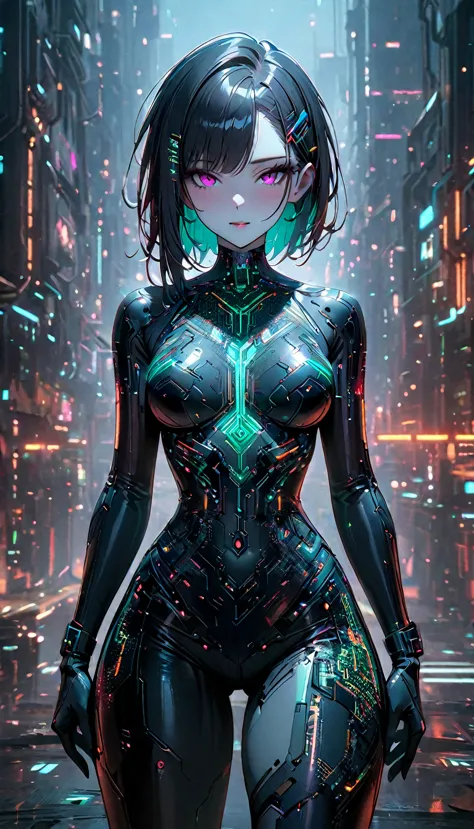 beautiful cyberpunk girl wearing a futuristic hairpin, (delicate skin), pale skin, in a deep neckline, highly detailed sexy futu...