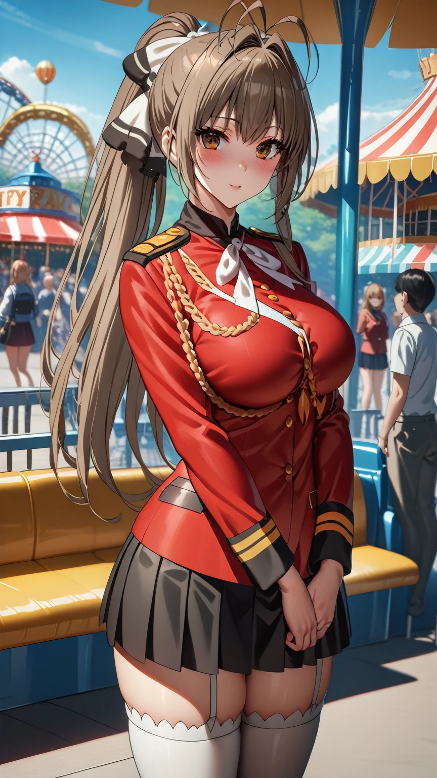 1girl,sento isuzu, brown eyes, brown hair, long hair, ponytail, antenna hair, bangs, hair intakes, hair bow, ribbon,red jacket, long sleeves, black pleated skirt, white thighhighs, uniform, aiguillette,oudoors,amusement park,masterpiece,best quality,ray tracing,photo-realisti ,looking at viewer,large_breasts