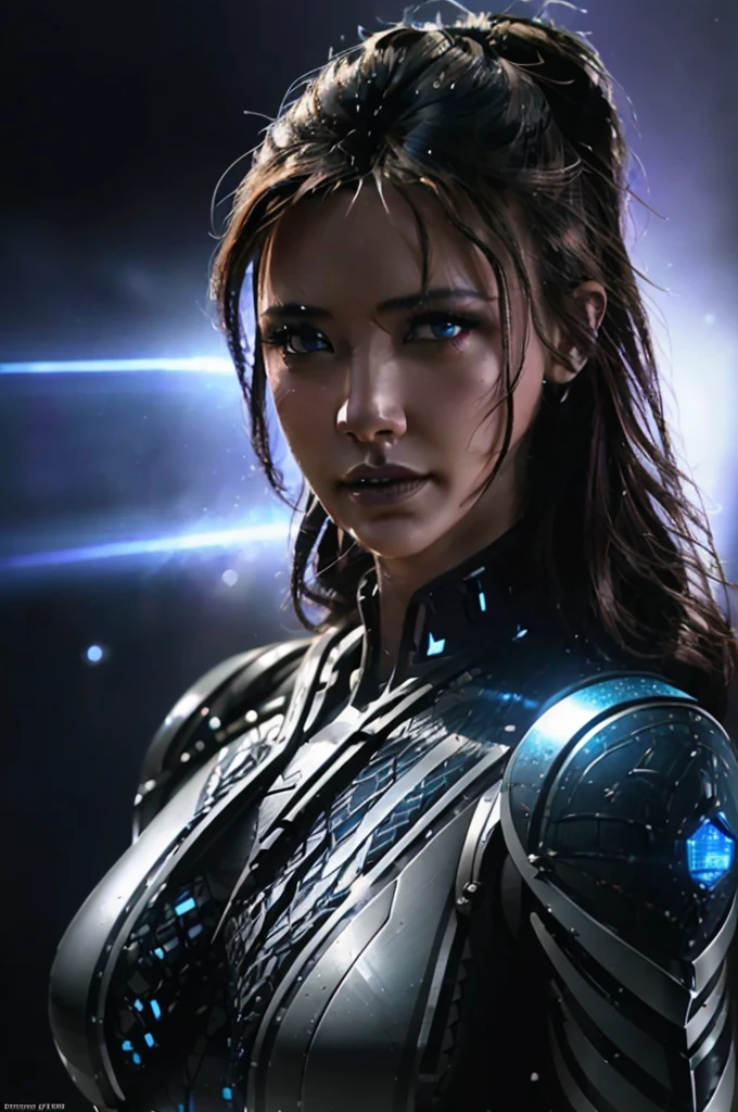 A lovely woman in skin tight cyber armor, posing with high tech weapons, star light gleaming, action poses, advanced futuristic technology, cinematic lighting, intricate details, photorealistic, 8k, hyper detailed, dramatic composition, dynamic energy, cinematic atmosphere, vibrant colors, moody lighting, sci-fi, digital art
