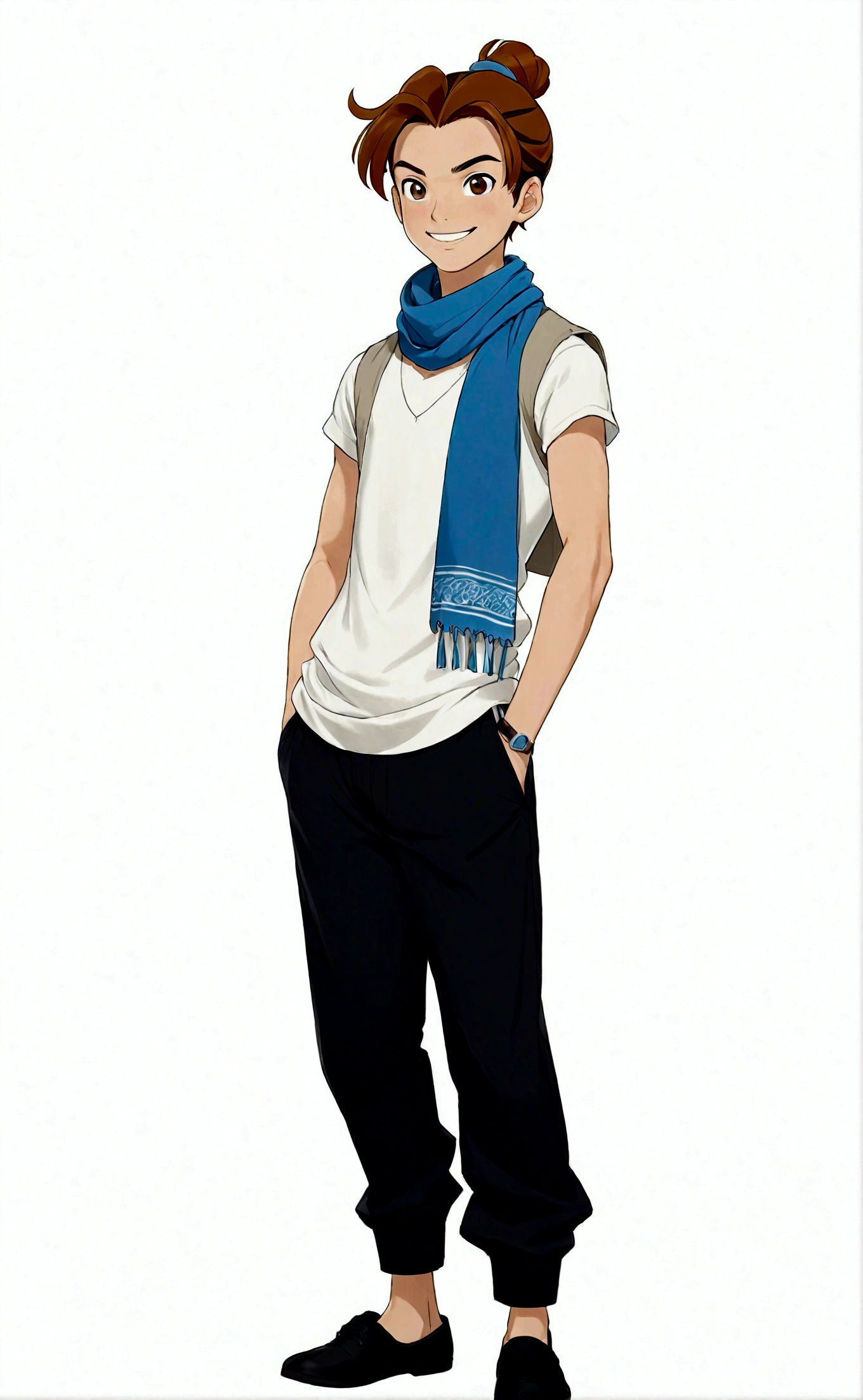 solo, looking at viewer, smile, simple background, brown hair, 1boy, white background, standing, full body, male focus, sleeveless, pants, hair bun, scarf, black footwear, black eyes, hand on hip, single hair bun