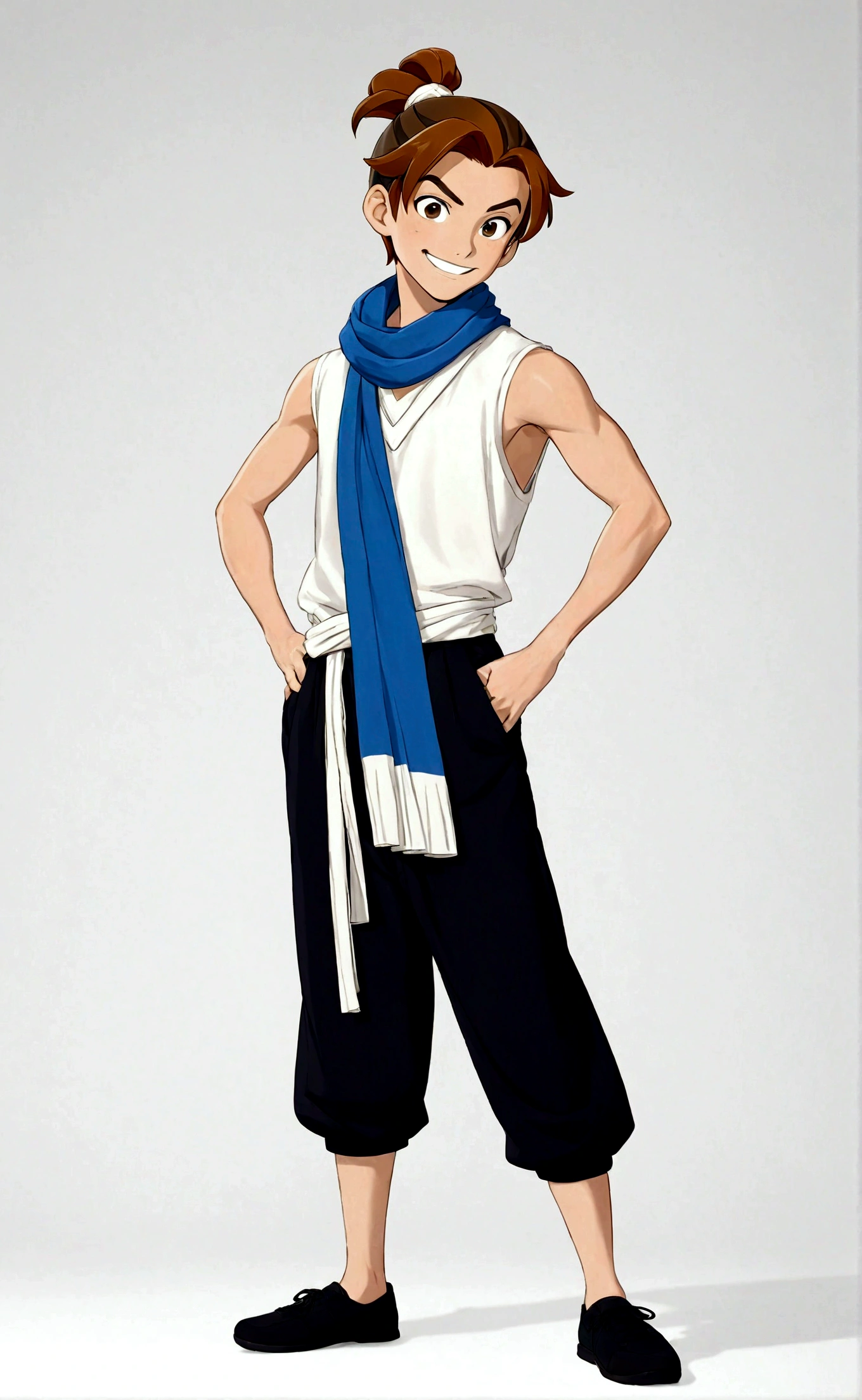 solo, looking at viewer, smile, simple background, brown hair, 1boy, white background, standing, full body, male focus, sleeveless, pants, hair bun, scarf, black footwear, black eyes, hand on hip, single hair bun