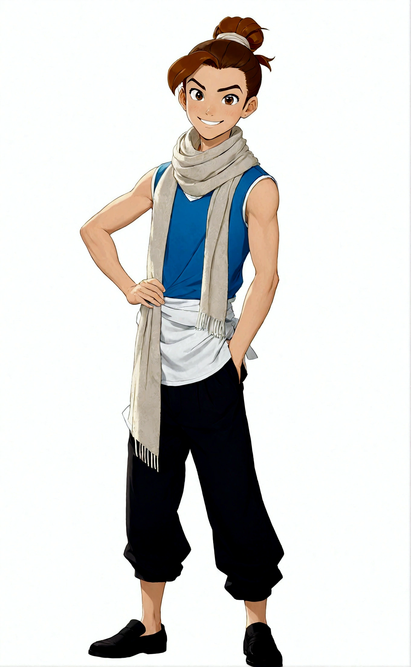 solo, looking at viewer, smile, simple background, brown hair, 1boy, white background, standing, full body, male focus, sleeveless, pants, hair bun, scarf, black footwear, black eyes, hand on hip, single hair bun