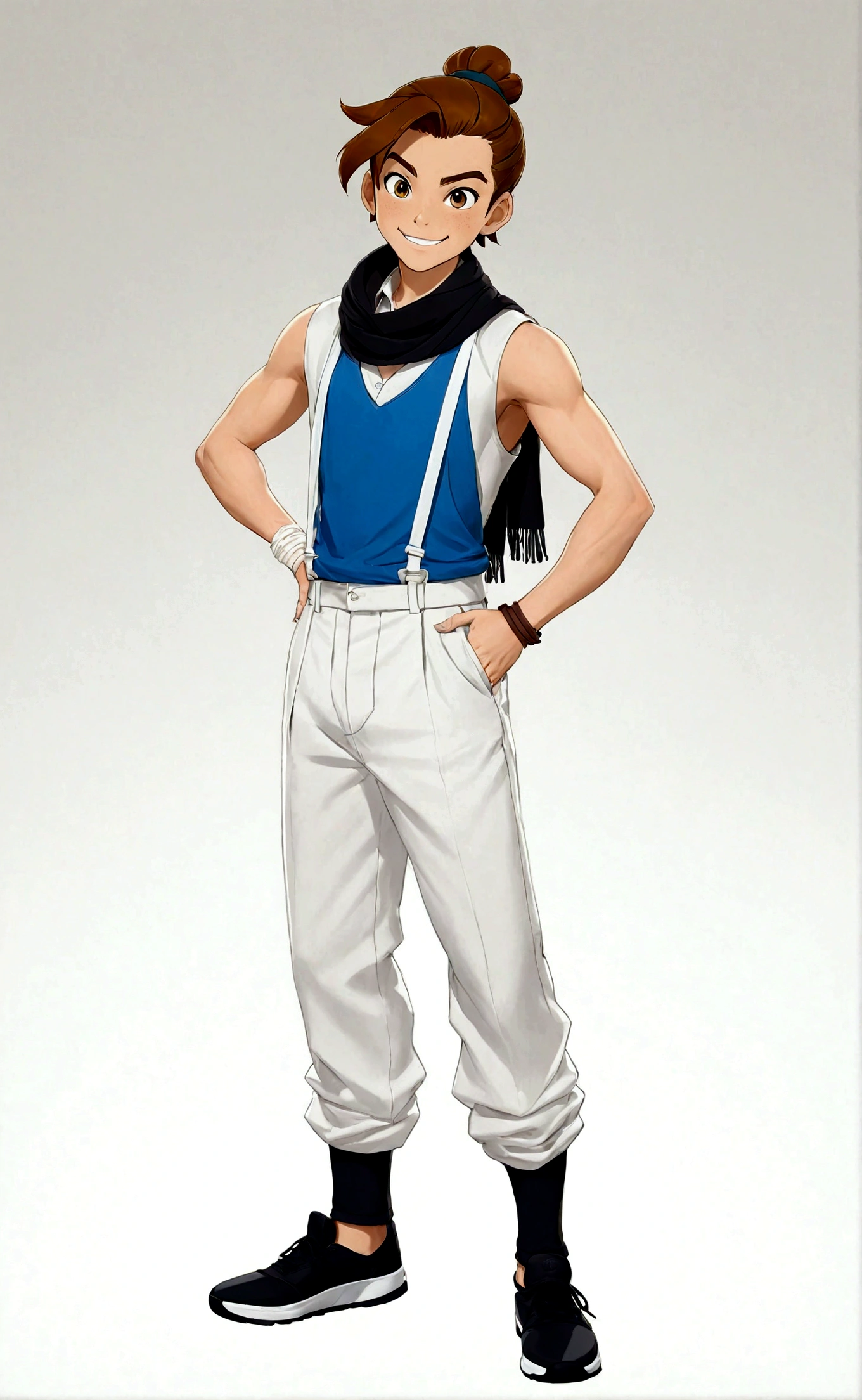 solo, looking at viewer, smile, simple background, brown hair, 1boy, white background, standing, full body, male focus, sleeveless, pants, hair bun, scarf, black footwear, black eyes, hand on hip, single hair bun