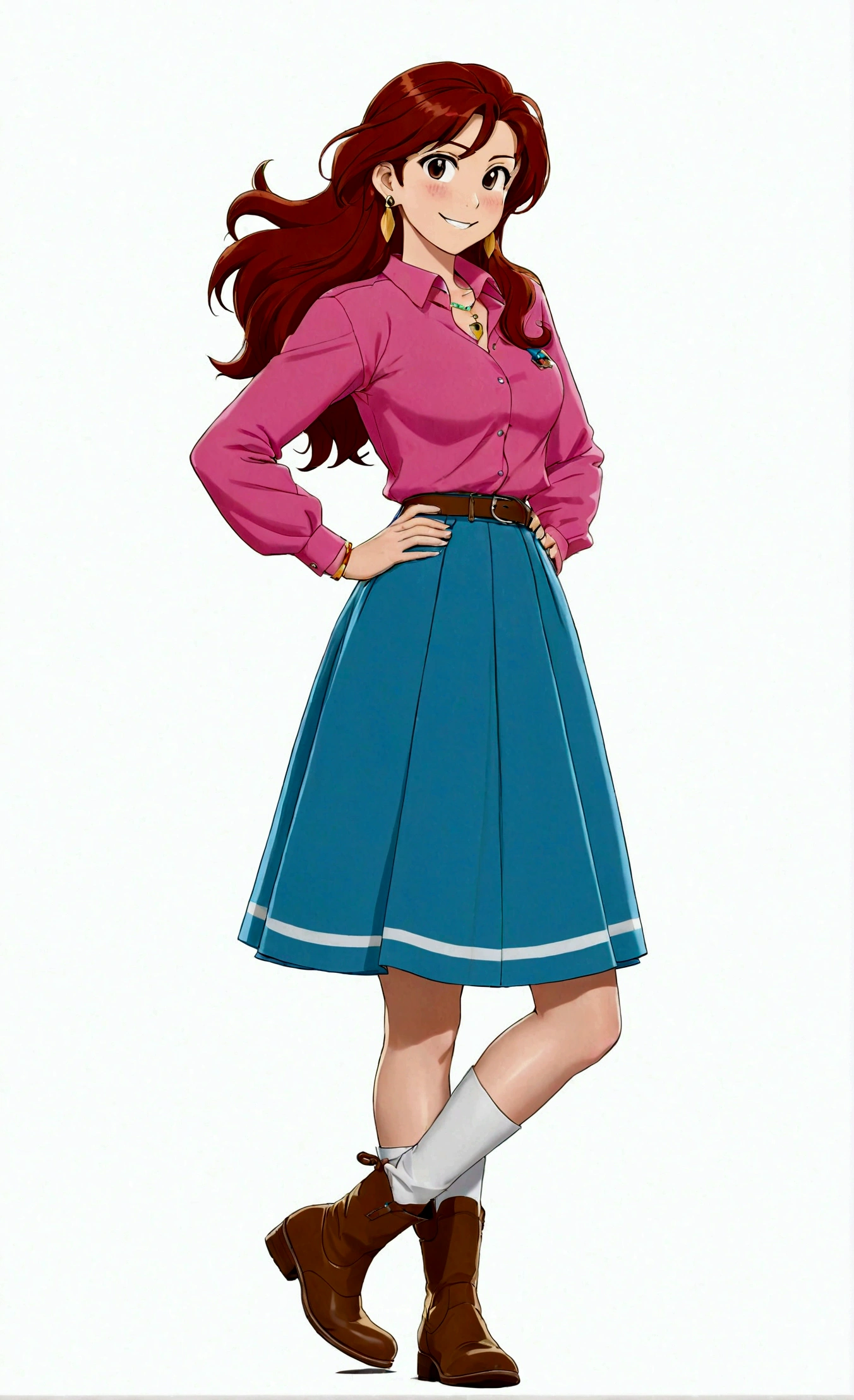 1girl, solo, long hair, breasts, looking at viewer, smile, skirt, simple background, brown hair, shirt, long sleeves, white background, jewelry, standing, full body, earrings, boots, blue skirt, brown footwear, arms behind back, pink shirt, long skirt