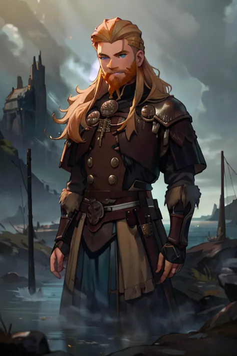 A handsome blonde haired man with blue eyes with long hair and a dark beard in a Viking outfit is smiling on a foggy cliff by th...