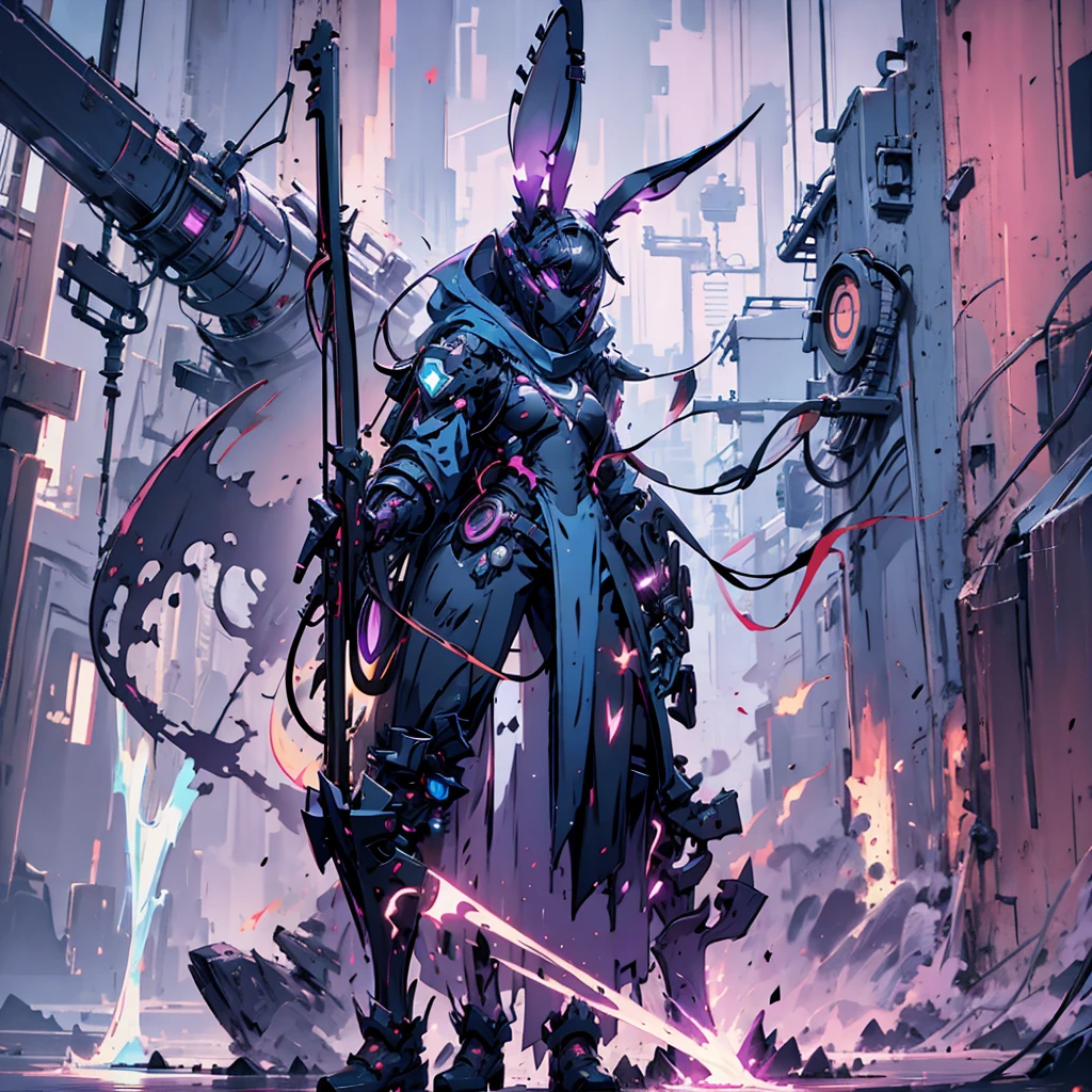 Human artificer wizard, suit with magic circuits with neon details, longsword with magic details, whole rabbit ears, fantasy RPG game, male, dark skin, neon punk, art book, Studio ghibli, post-apocalyptic setting, light magic, light aura, anime style