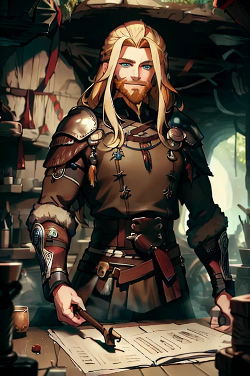 A handsome blonde haired man with blue eyes with long hair and a dark beard in a Viking outfit is exploring a cave system with a big smile 