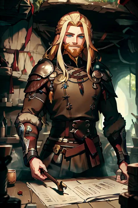 A handsome blonde haired man with blue eyes with long hair and a dark beard in a Viking outfit is exploring a cave system with a...