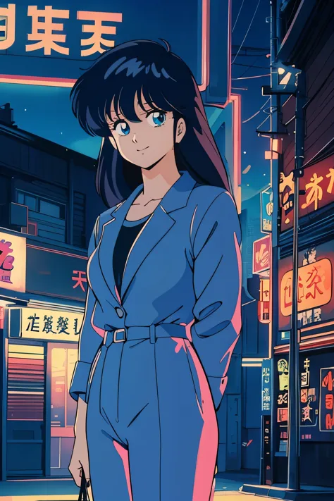 high quality, masterpiece, best quality, anime screen cap, street, night, shadows, deep shadows, blue lights, neon blue lights, ...