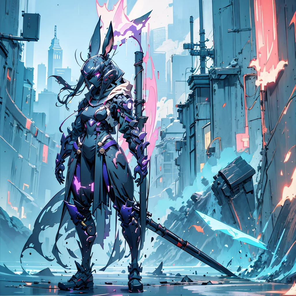 Human artificer wizard, suit with magic circuits with neon details, longsword with magic details, whole rabbit ears, fantasy RPG game, male, dark skin, neon punk, art book, Studio ghibli, post-apocalyptic setting, light magic, light aura, anime style