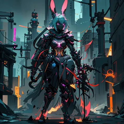 human artificer wizard, suit with magic circuits with neon details, longsword with magic details, whole rabbit ears, fantasy rpg...