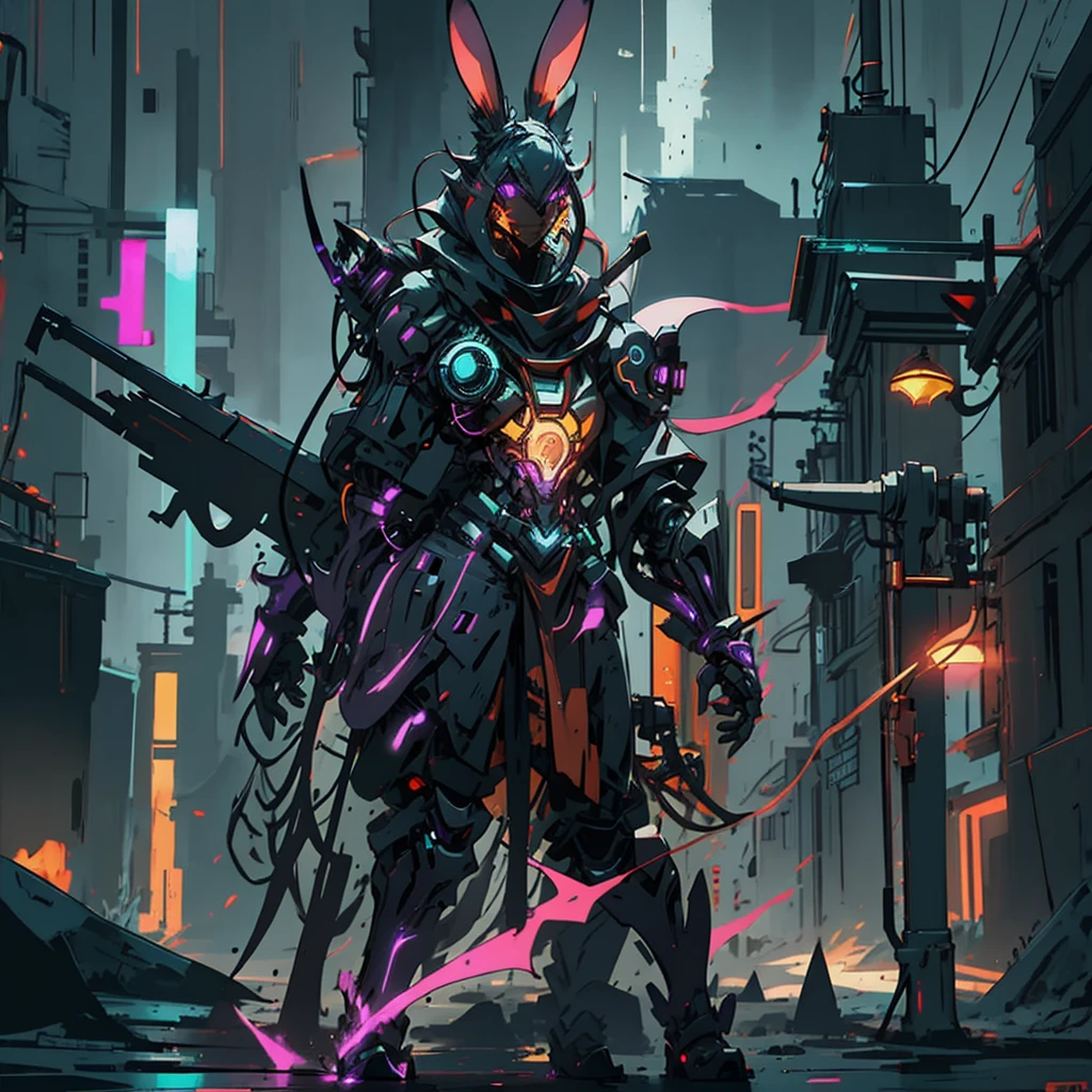 Human artificer wizard, suit with magic circuits with neon details, longsword with magic details, whole rabbit ears, fantasy RPG game, male, dark skin, neon punk, art book, Studio ghibli, post-apocalyptic setting, light magic, light aura, anime style