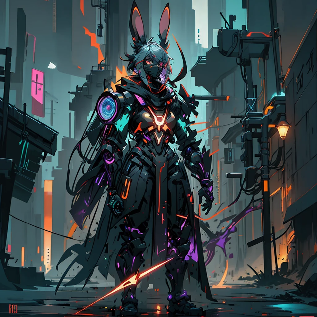 Human artificer wizard, suit with magic circuits with neon details, longsword with magic details, whole rabbit ears, fantasy RPG game, male, dark skin, neon punk, art book, Studio ghibli, post-apocalyptic setting, light magic, light aura, anime style