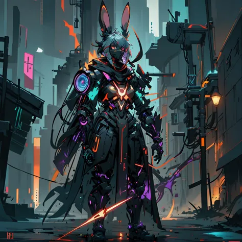 Human artificer wizard, suit with magic circuits with neon details, longsword with magic details, whole rabbit ears, fantasy RPG...