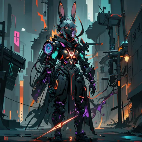 human artificer wizard, suit with magic circuits with neon details, longsword with magic details, whole rabbit ears, fantasy rpg...