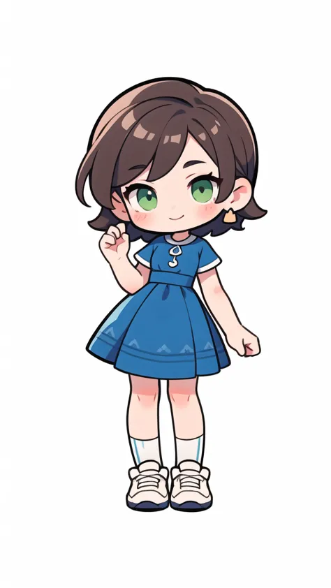 simple chibi style drawing of a cute  smiling doing a straight pose standing, hands not showing in the drawing, hands hidden in ...