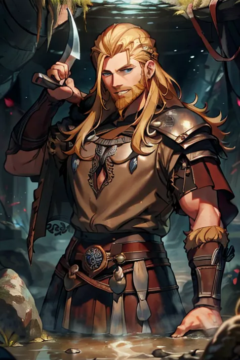 A handsome blonde haired man with blue eyes with long hair and a dark beard in a Viking outfit is smiling on a rock in the cave ...