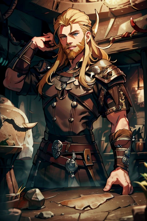 A handsome blonde haired man with blue eyes with long hair and a dark beard in a Viking outfit is smiling on a rock in the cave system