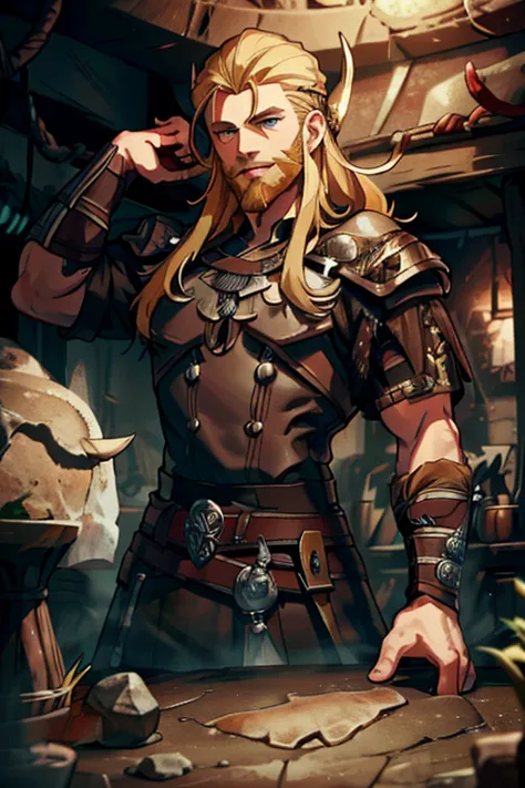A handsome blonde haired man with blue eyes with long hair and a dark beard in a Viking outfit is smiling on a rock in the cave ...