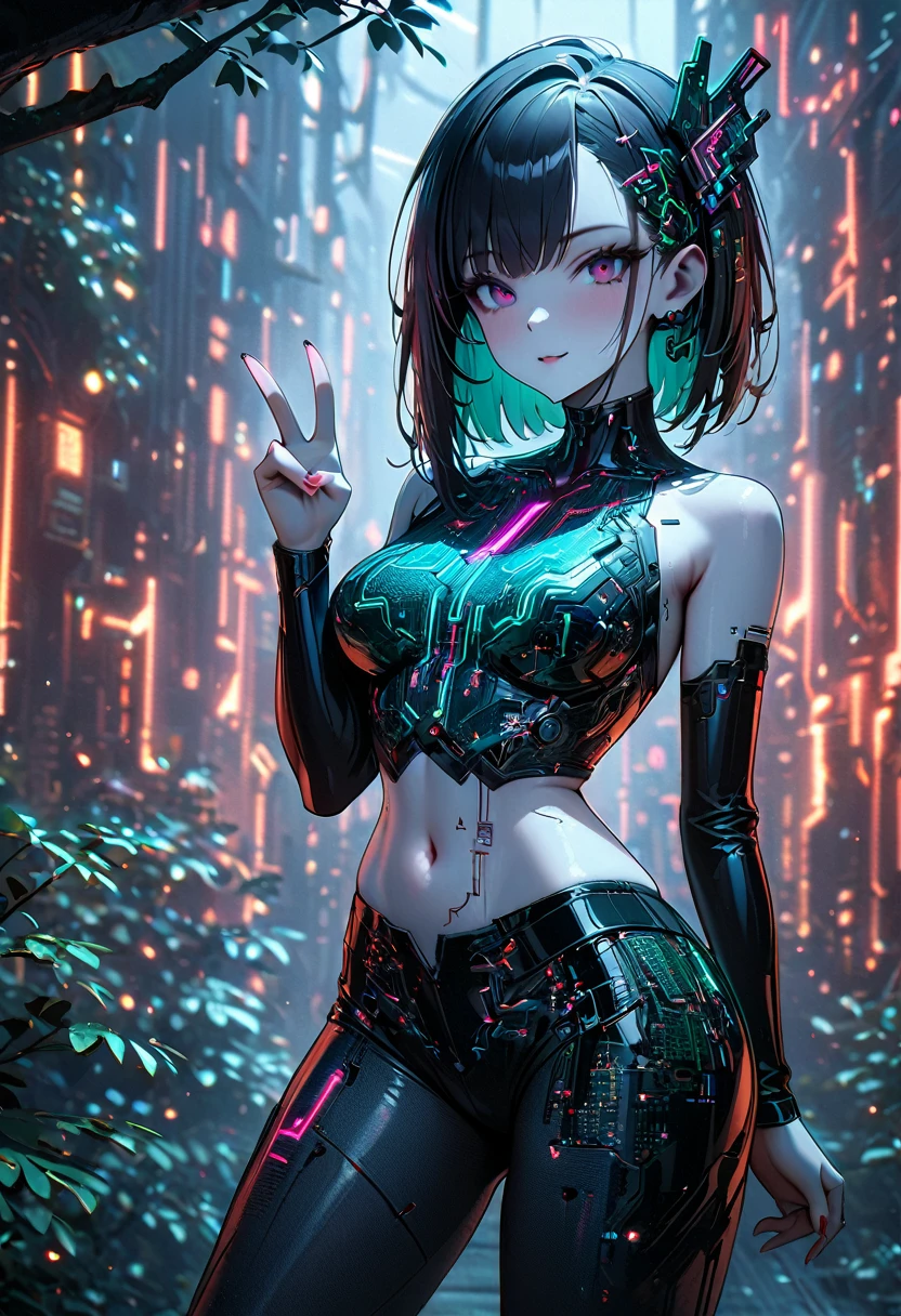 beautiful cyberpunk girl wearing a Futuristic Hair accessories, (Delicate skin), Pale skin, in a deep neckline black crop top made of circuit boards, Navel tattoo, highly detailed sexy Futuristic cyberpunk underpants, on branch, v, Cybernetics, Japanese words with glitter effect, Beautiful epic work, Futuristic, masterpiece, Sensual, is attractive, group photo