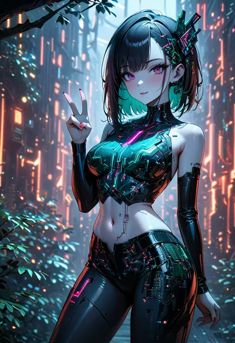 beautiful cyberpunk girl wearing a Futuristic Hair accessories, (Delicate skin), Pale skin, in a deep neckline black crop top ma...