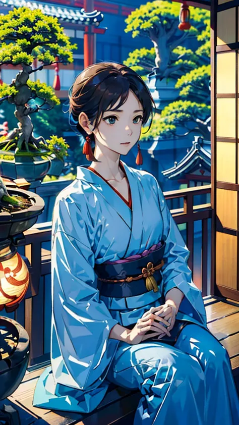 (((古い日本家屋のbalconyに座る、Bonsai in the garden:1.1)))、A girl、Perfect anatomical structure、Sexual、Gentle expression、Very subtle、balcon...