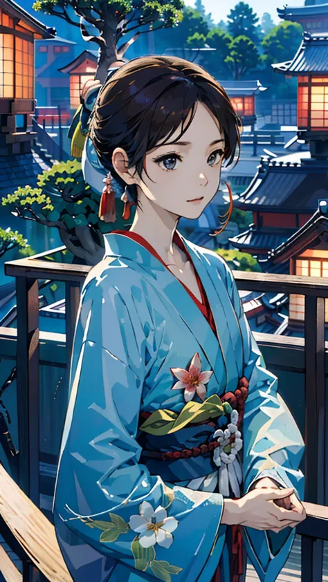 (((古い日本家屋のbalconyに座る、Bonsai in the garden:1.1)))、A girl、Perfect anatomical structure、Sexual、Gentle expression、Very subtle、balcon...