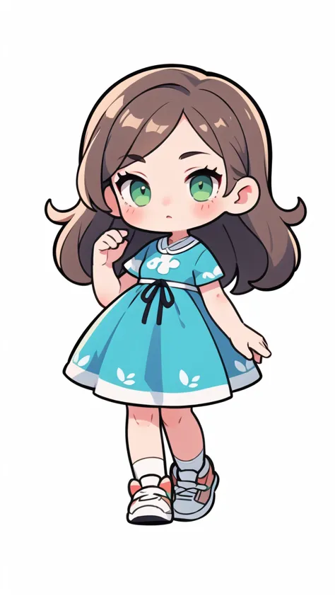 simple chibi style drawing of a cute girl wearing a blue dress and white sneakers, brown hair and green eyes