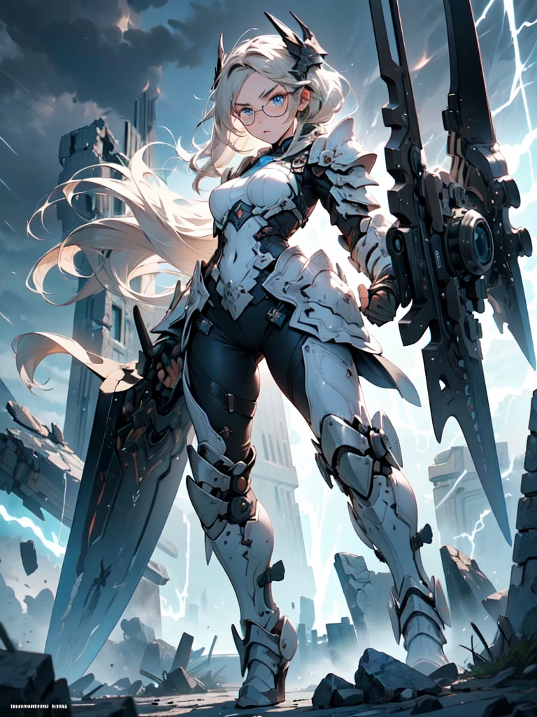 A striking artwork of a fierce female warrior standing on a rugged battlefield. The full-body view showcases her in rugged, functional black and grey armor, exuding an aura of formidable power and indomitable will. Her short, spiky blonde hair frames a face of fierce beauty, highlighted by steely blue eyes that radiate intense focus and relentless determination. She holds a battle axe, heavily adorned and glowing with brutal strength, adding to her intimidating presence. The scenery around her is a war-torn battlefield with smoldering ruins and a stormy sky. The flashes of lightning and the sound of distant thunder enhance the atmosphere of relentless combat, creating a scene of raw power.