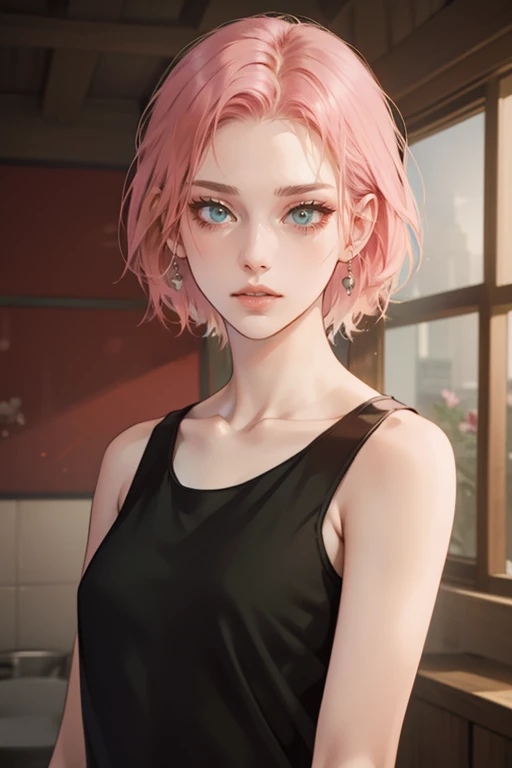 young woman, short shoulder-length pink hair, wide forehead, porcelain skin, pink eyebrows, big emerald green eyes, buttoned nose, full lips, heart-shaped face, slender body, small breasts, red tank top, Sakura Haruno , realistic, realism, details, 3d, well detailed
