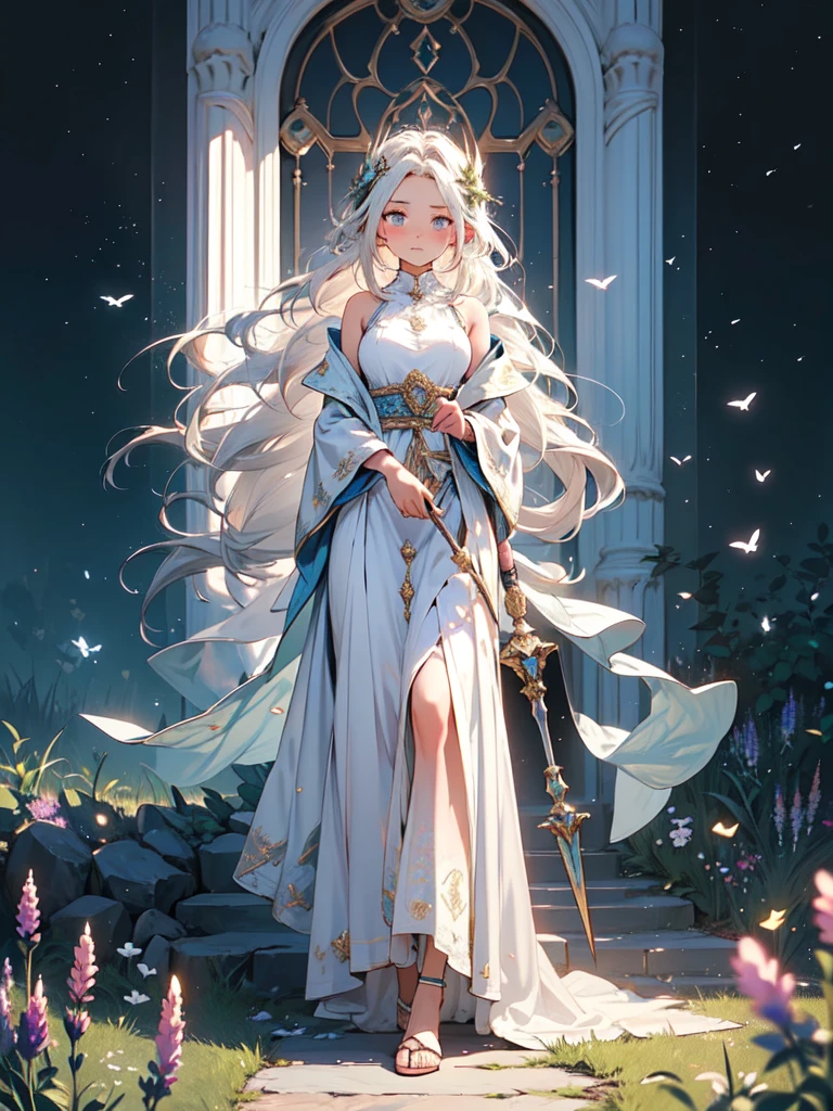 A radiant artwork of a benevolent female healer standing in a serene mountain meadow. The full-body view showcases her in soft, flowing white and lavender robes, exuding an aura of compassionate kindness and gentle grace. Her wavy, golden hair frames a face of angelic beauty, highlighted by warm amber eyes that radiate healing light and soothing calm. She holds a staff, delicately adorned and glowing with nurturing energy, adding to her serene presence. The scenery around her is a peaceful mountain meadow with wildflowers and a clear blue sky. The gentle breeze rustling through the grass and the sound of birdsong enhance the atmosphere of tranquil harmony, creating a scene of peaceful solace.
