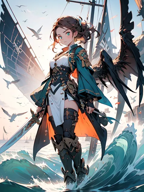 A captivating artwork of a fearless female pirate standing on the deck of a grand ship. The full-body view showcases her in rugg...