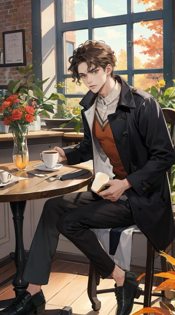(Masterpiece, hiquality, absurdress), 1male, dark hair, Wavy Hair, The eyes are green, a perfect face, sports body, solo,  Male body, male focus, Detailed eyes and face,  Cozy café, lots of flowers, a table, Drinking coffee, Eat Cake, sitting at a table in a café, Take a selfie, overcoat, shirt, pants, Shoes, Romantic setting, Autumn outside the window