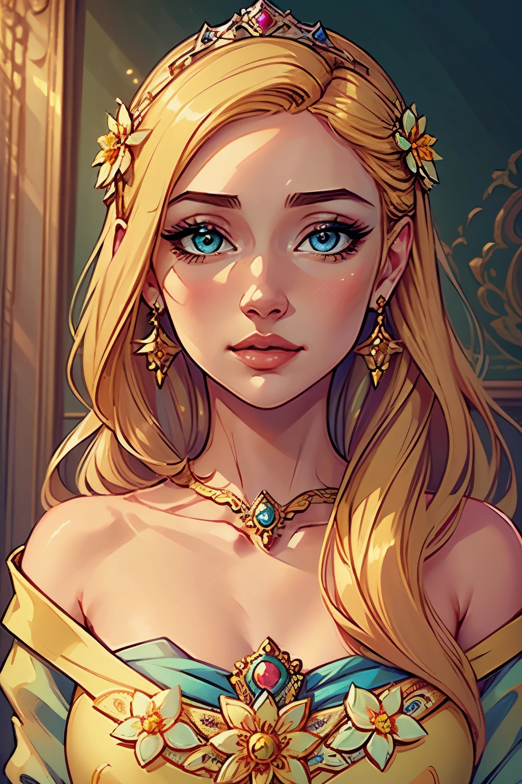 a beautiful young girl in an elegant painting frame, princess wearing a gorgeous dress, beautiful detailed eyes, beautiful detailed lips, extremely detailed face and features, long eyelashes, delicate facial expression, flowing hair, intricate floral patterns, ornate golden frame, soft lighting, warm color palette, ultra-detailed, 8k, masterpiece, digital art, portrait, cinematic lighting