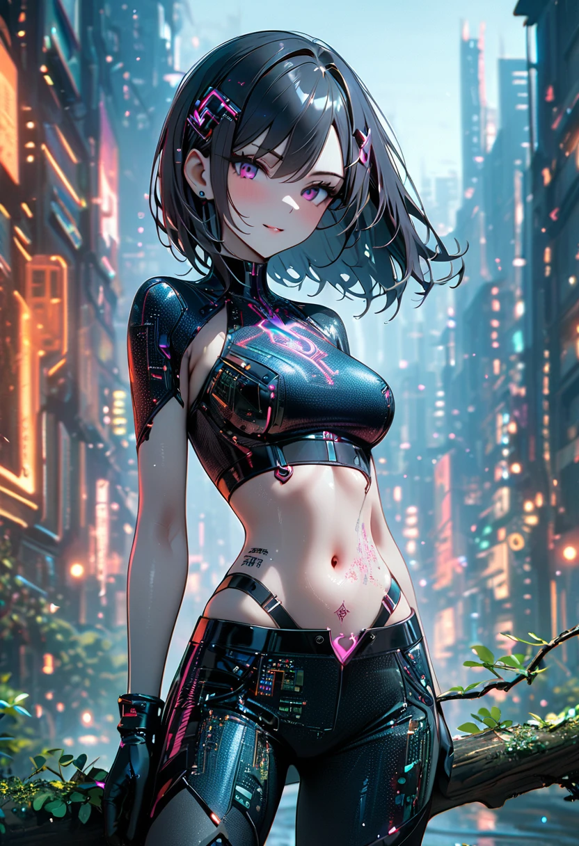 beautiful Cybernetics girl wearing a Futuristic Hair accessories, (Delicate skin), Pale skin, black crop top made of circuit boards, Navel tattoo, sexy Futuristic cyberpunk underpants, on branch, v, Japanese words with glitter effect, cyberpunk City background, Beautiful epic work, masterpiece, Sensual, is attractive, group photo