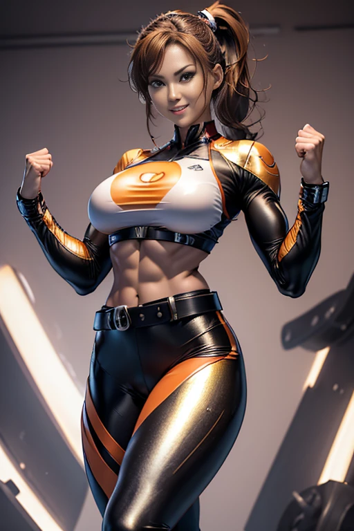 Arafe woman solo with ponytail hair、Fighting Game Fightetness Model、Big breasts about to burst、No exposed skin、Metallic orange fighting suit、thin and long legs,、Fitness Body Shape、half-pants、White belt、Pose ready to fight、Mischievous smile