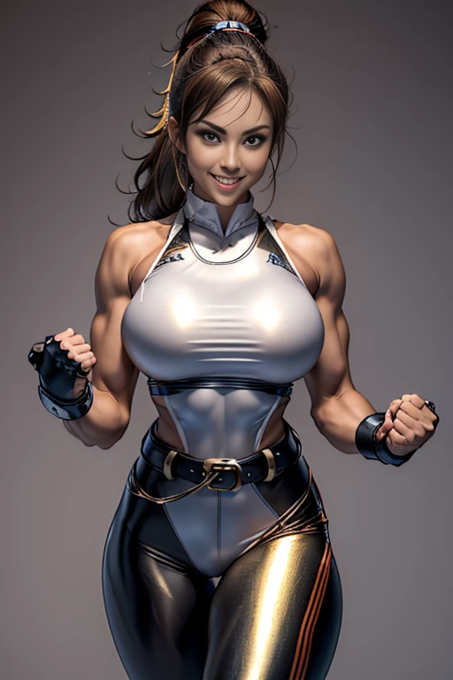 Arafe woman solo with ponytail hair、Fighting Game Fightetness Model、Big breasts about to burst、No exposed skin、Metallic orange fighting suit、thin and long legs,、Fitness Body Shape、half-pants、White belt、Pose ready to fight、Mischievous smile