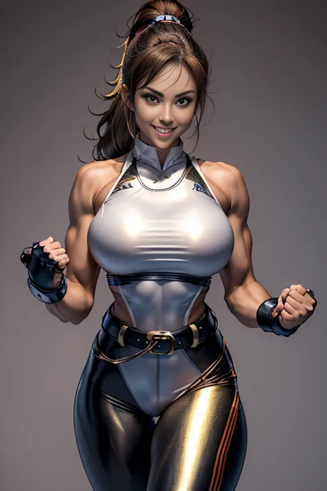 Arafe woman solo with ponytail hair、Fighting Game Fighter、Fitness Model、Big breasts about to burst、No exposed skin、Metallic oran...